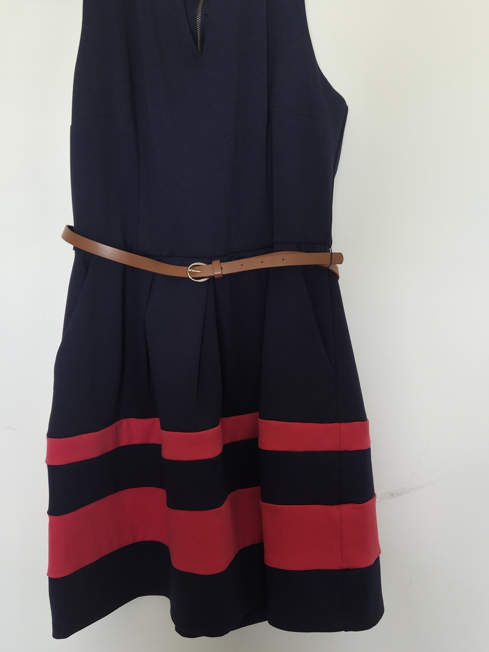Iz Byer Navy and Red Striped Midi Dress with Brown Belt